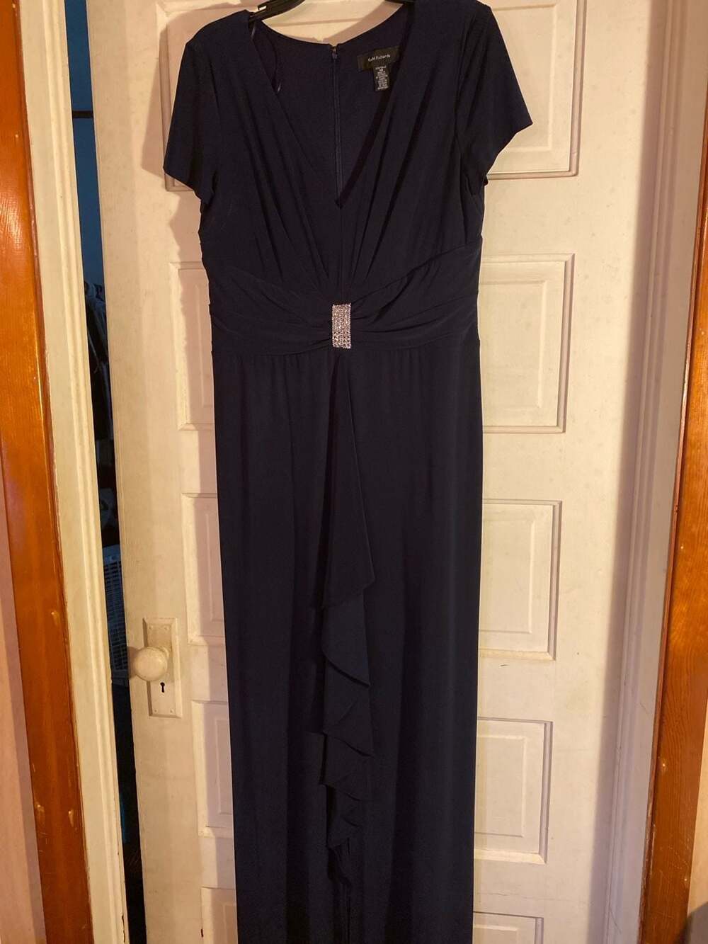 R&M Richards Women's Navy Blue Short Sleeve V-Neck Embellished Waist Maxi Dress,